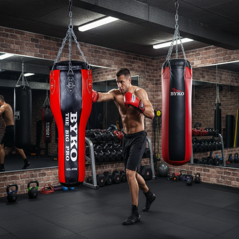 Boxer training with BYKO uppercut and 3-in-1 punch bags – durable boxing equipment for power, precision and home gym training.
