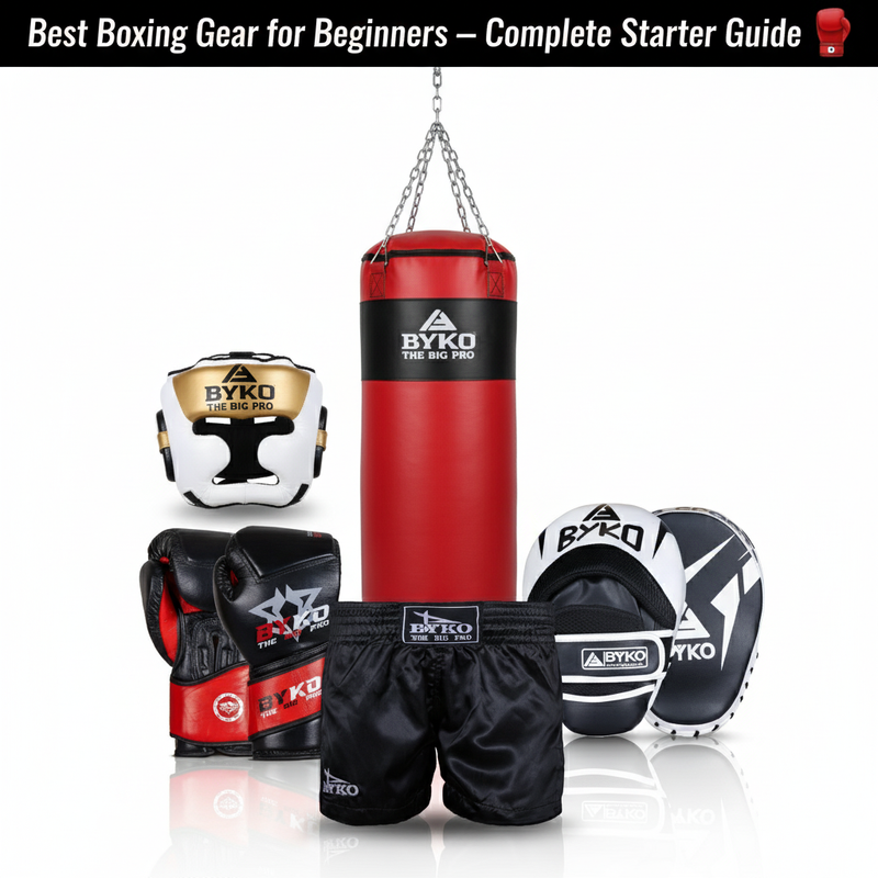 Beginner boxing gear kit with BYKO punching bag, gloves, headgear, mitts, and shorts — essential boxing equipment.
