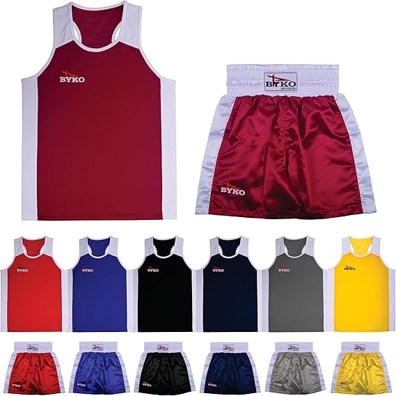 BYKO Boxing Shorts and Vest Set - Pro Training Sparring Fight Boxing Set for Kids, Adults, Men, Women - Light Weight Breathable Satin Fabric Boxing Uniform - Byko sports