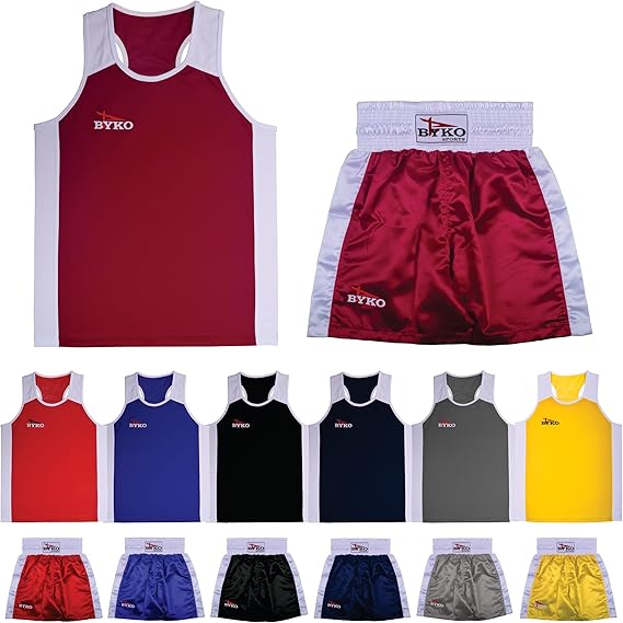 BYKO Boxing Shorts and Vest Set - Pro Training Sparring Fight Boxing Set for Kids, Adults, Men, Women - Light Weight Breathable Satin Fabric Boxing Uniform