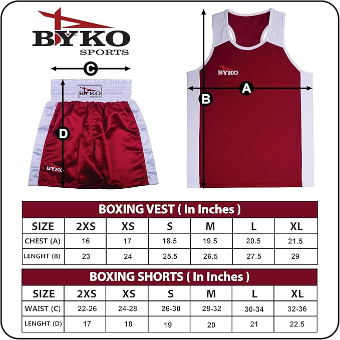 BYKO Boxing Shorts and Vest Set - Pro Training Sparring Fight Boxing Set for Kids, Adults, Men, Women - Light Weight Breathable Satin Fabric Boxing Uniform