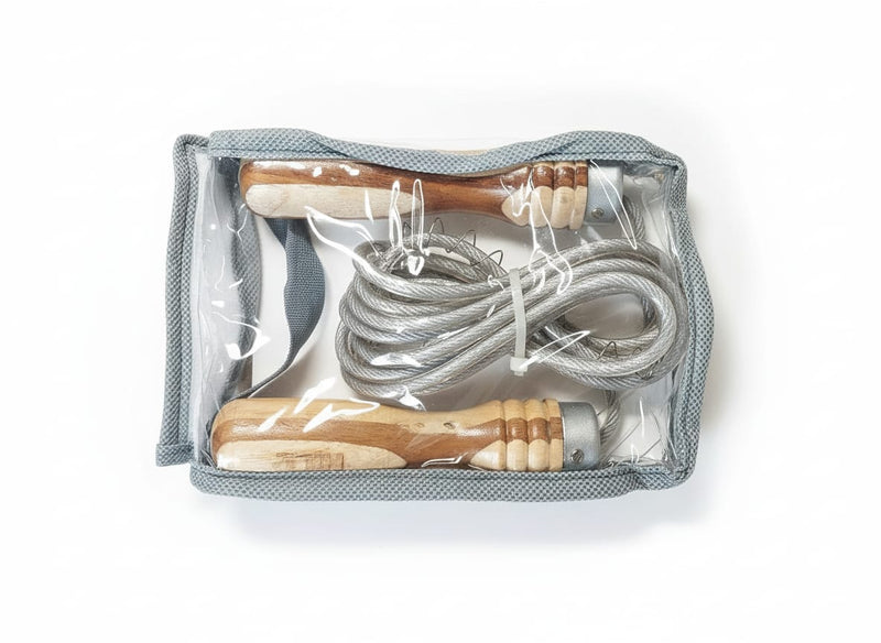“Steel skipping rope with polished wooden handles - inside Package View